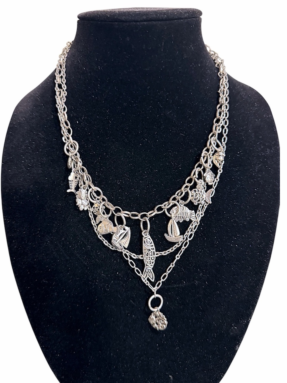 Handmade One of a Kind nautical layered nevklace, silver tone chain and charms